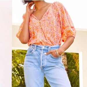 Cleobella Layla Organic Cotton Blouse Shirt Blossom Block Print Orange/Pink | Md